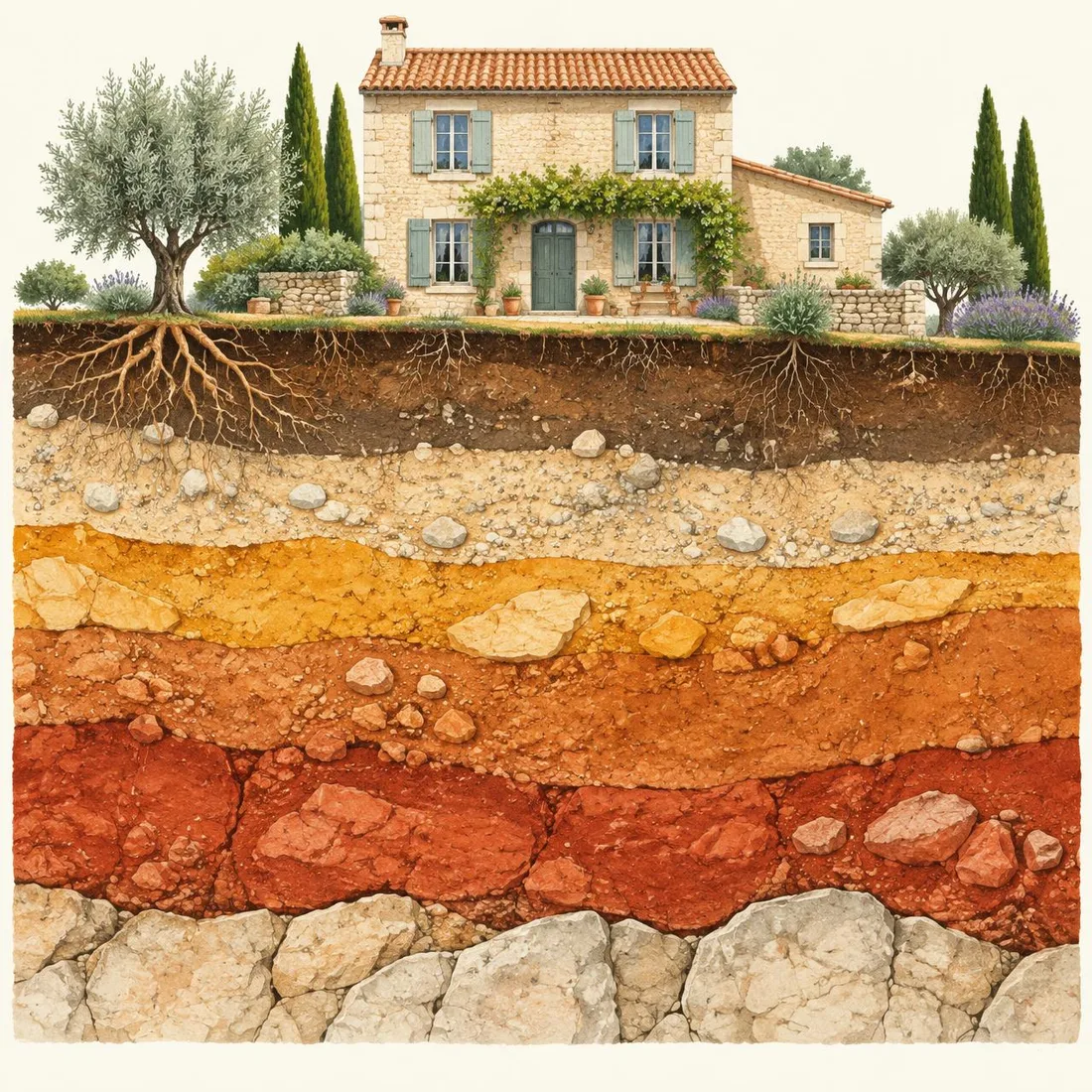 Coupe du sol sous une maison : couches de sable, d'ocre, d'argile et de terre rouge